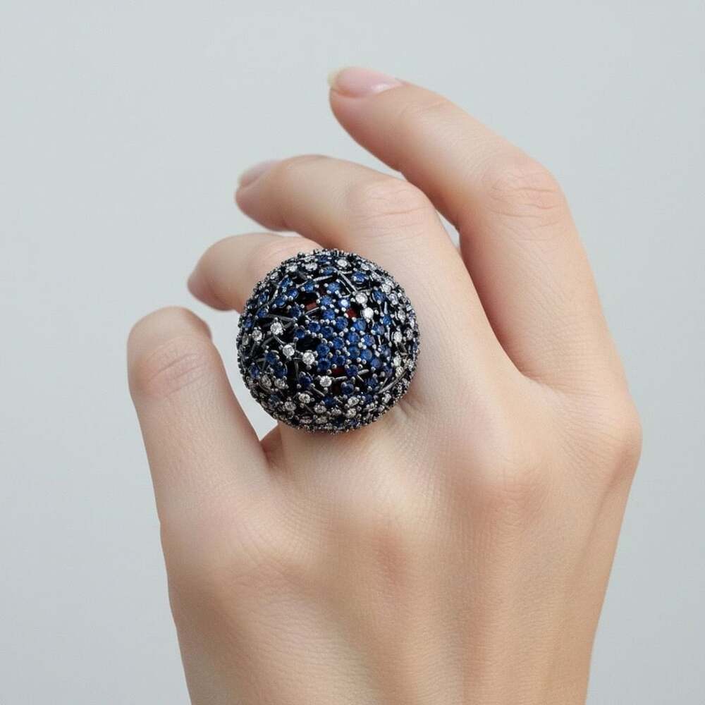 Unbranded Sapphire Diamond Dome Cocktail Ring Size 7.5 Blackened Metal